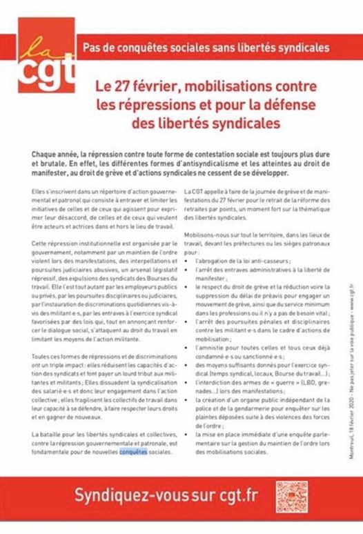 27 FEVRIER 2020 MOBILISATION CONTRE LES REPRESSIONS ET POUR LES DEFENSES DES LIBERTES SYNDICALES